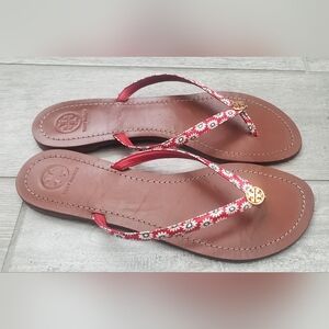 Tory Burch Red Daisy-Print Leather Terra Thong Sandals with Gold Logo
